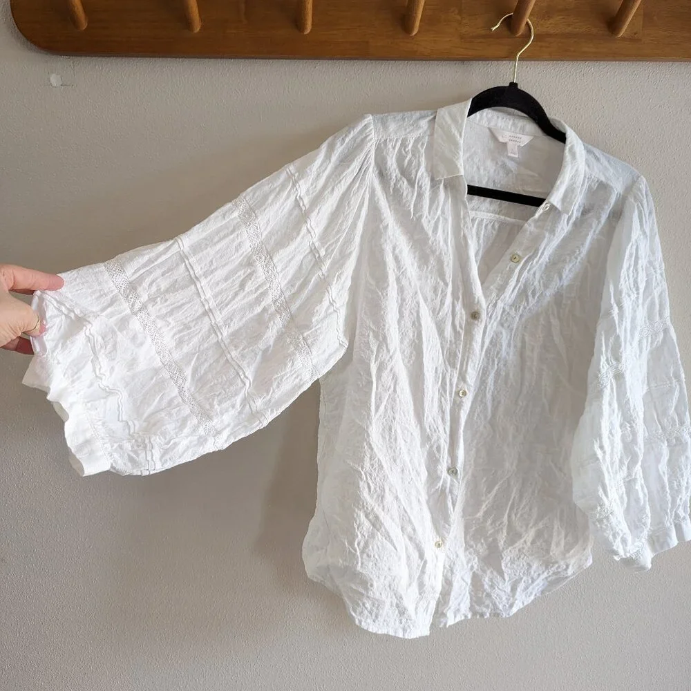 Lauren Conrad White Button Up Bishop Sleeve Blouse with Lace Sleeve Detail - L - Picture 2 of 9
